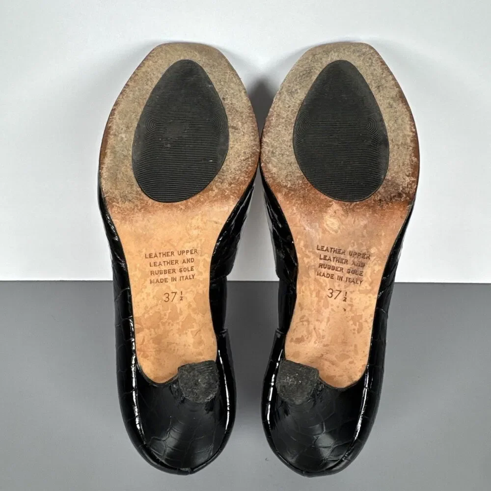 Anyi Lu Handmade In Italy Patent Leather Snakeskin Black Peep Toe Heels Sz 37.5‎